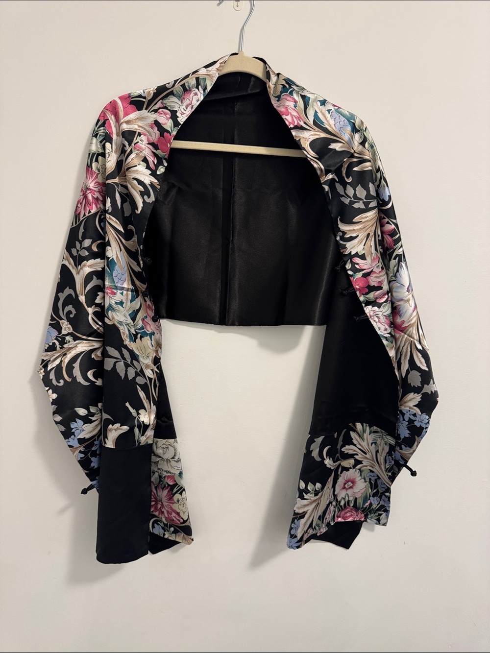 Floral Satin Bolero Jacket - Black with Pink & Cream Accents